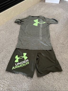 Under Armour Gray Tee and Olive Shorts with Neon Green Logo